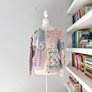 Bryn Connelly Boho Patchwork Textured Cardigan in Soft Pastels Medium